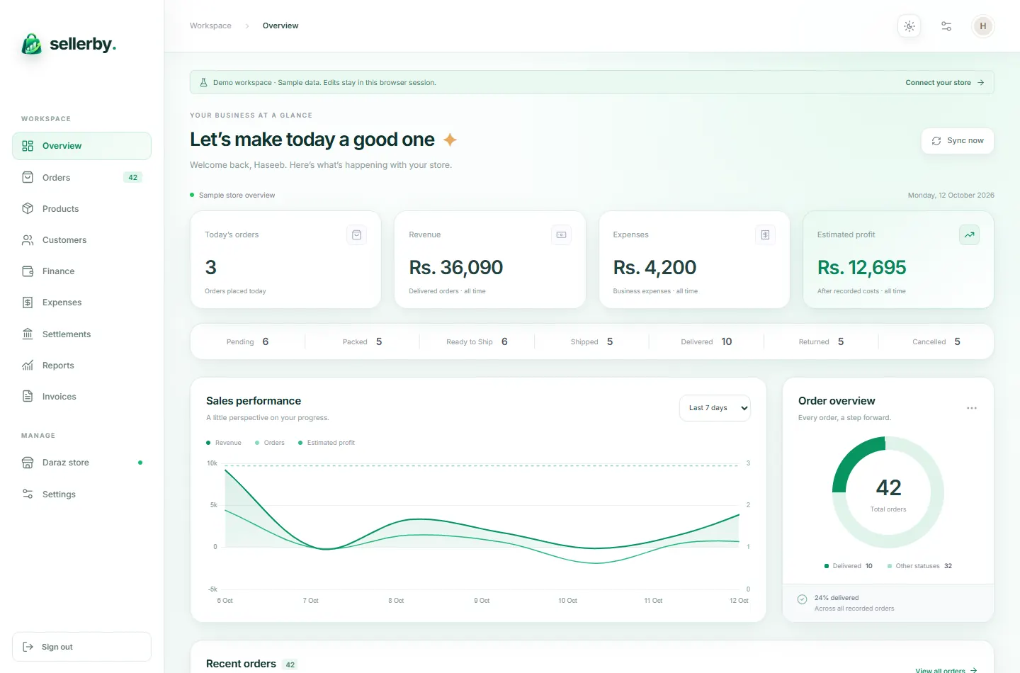 SellerBy dashboard in demo mode with sample order and business data